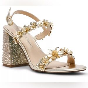 Betsey Johnson Gold Floral Crystal Block Heel Sandal